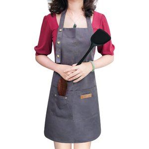 Loyglif Women Grey Cotton Waterproof Strap Large Pocket Cooking Kitchen Aprons